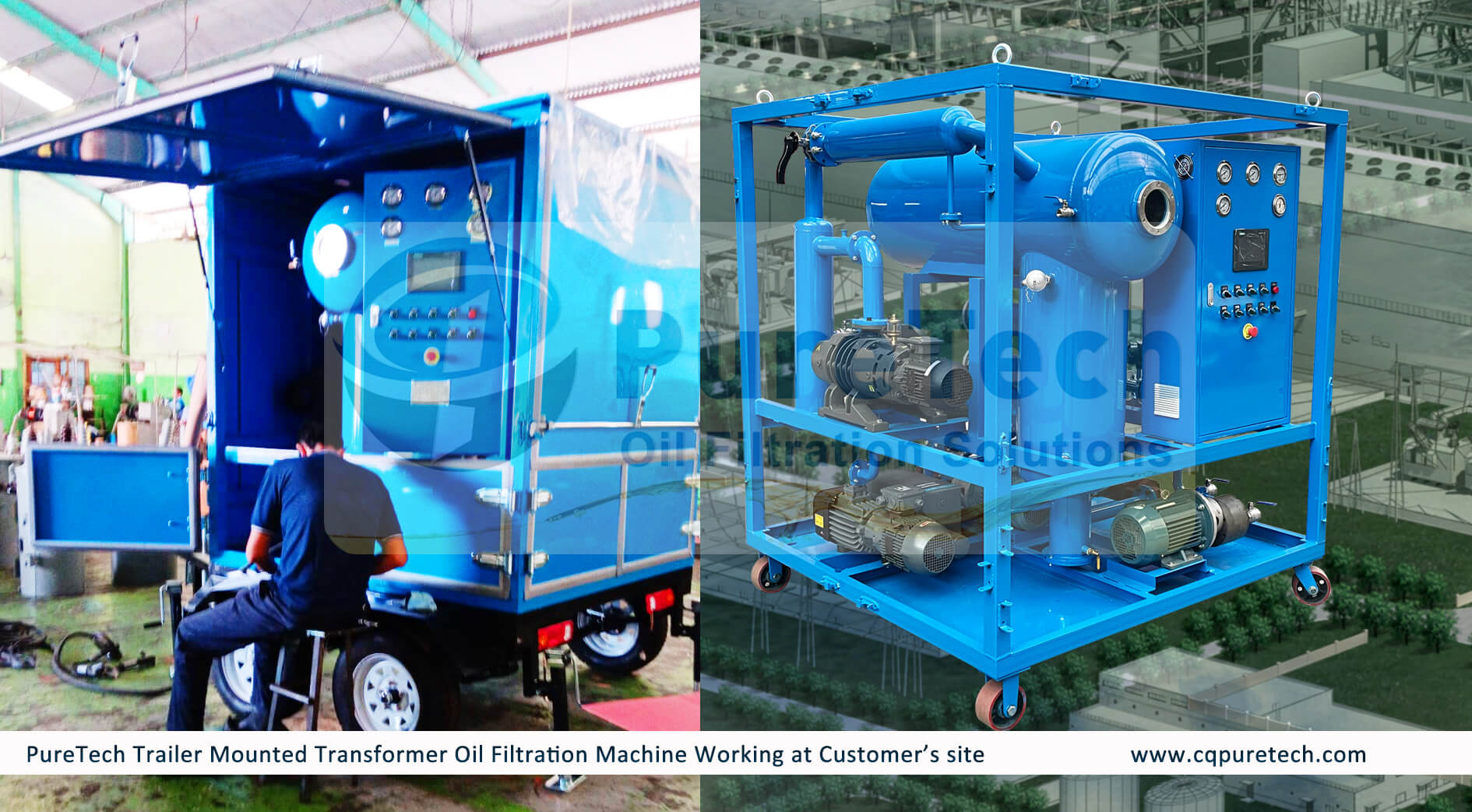 trailer mounted <a href=https://www.cqpuretech.com/High-Vacuum-Transformer-Oil-Filtration-Machine-p.html target='_blank'>Transformer Oil Filtration Machine</a> working at site